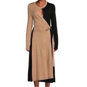 NWT Akris Punto Black and Tan Virgin Wool Colorblock A-Line Wrap Dress - Sz 16